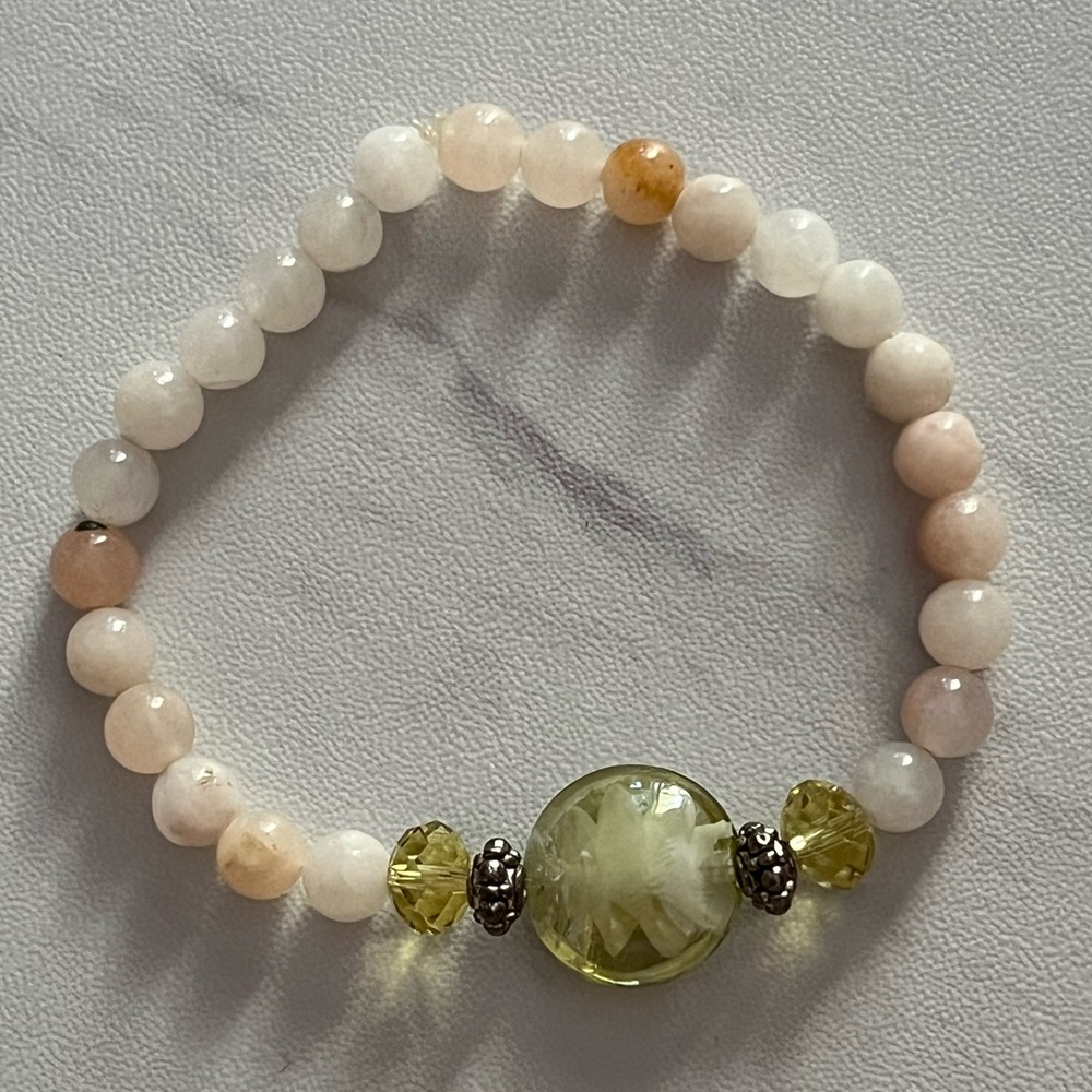 Beaded Bracelet with Green Glass and Quartz Beads